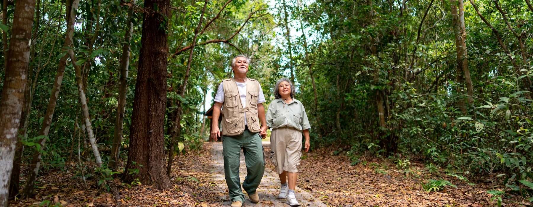 a couple walking in the woods