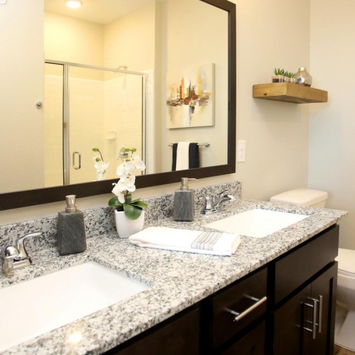 Bathroom options with thoughtful details Model bathroom at The Orchards at Arlington Highlands apartments in Arlington, TX, featuring a marble countertop.